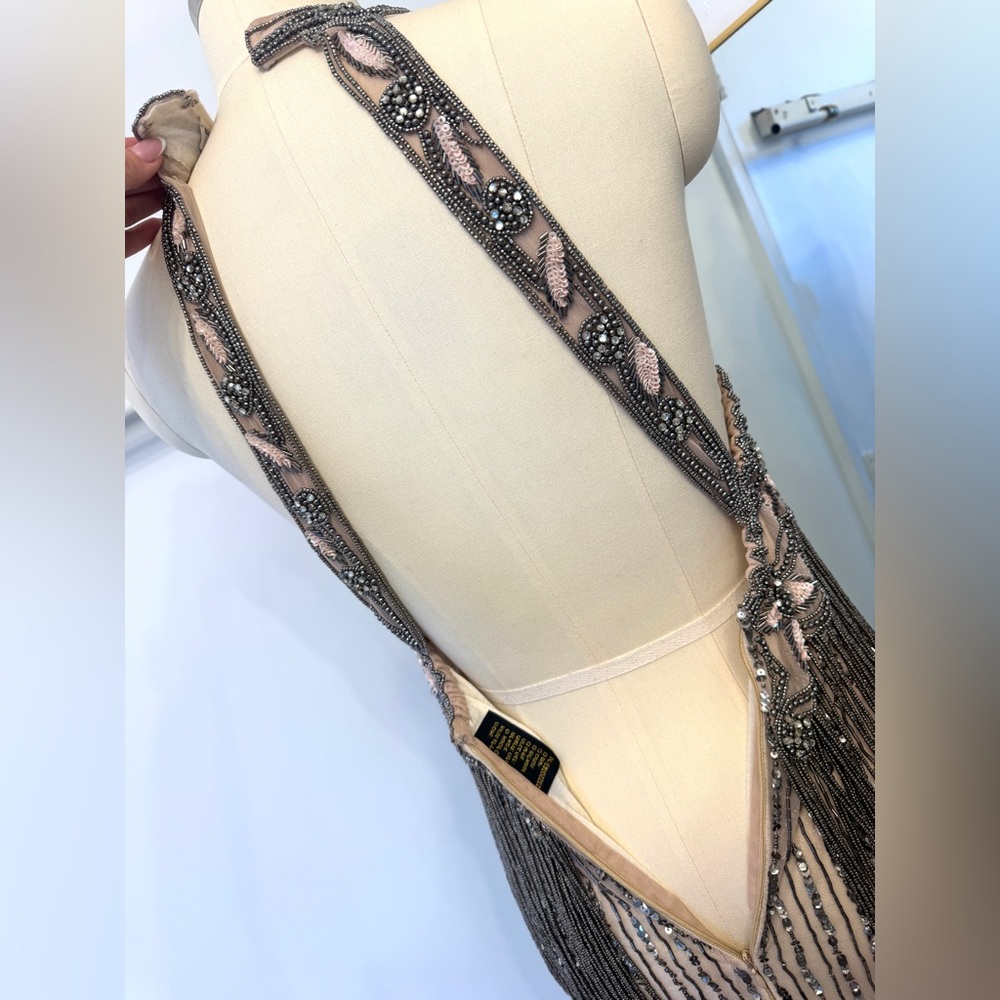Heavily Beaded Halter Gown – Open Back Sheer Fringe Maxi Dress Glam Formal - Picture 12 of 12